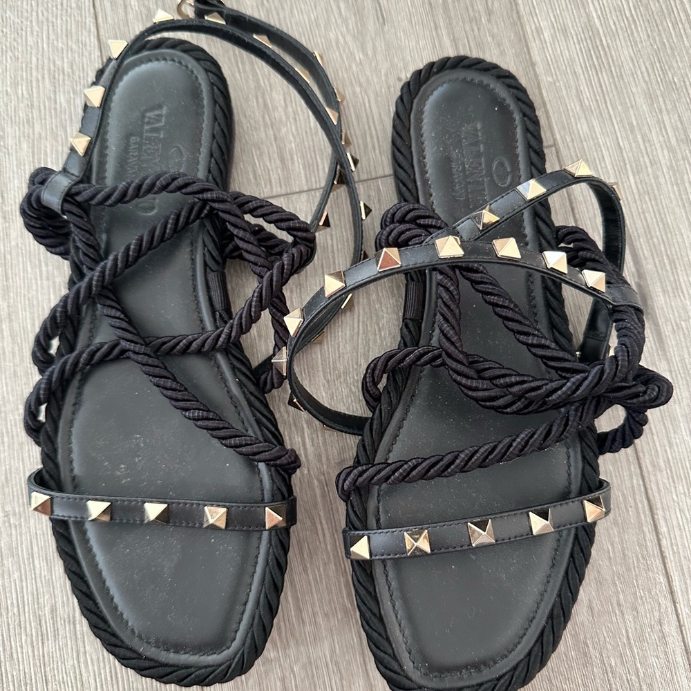 Valentino Rope and Leather Rockstud Torchon Flat Sandals Size 38